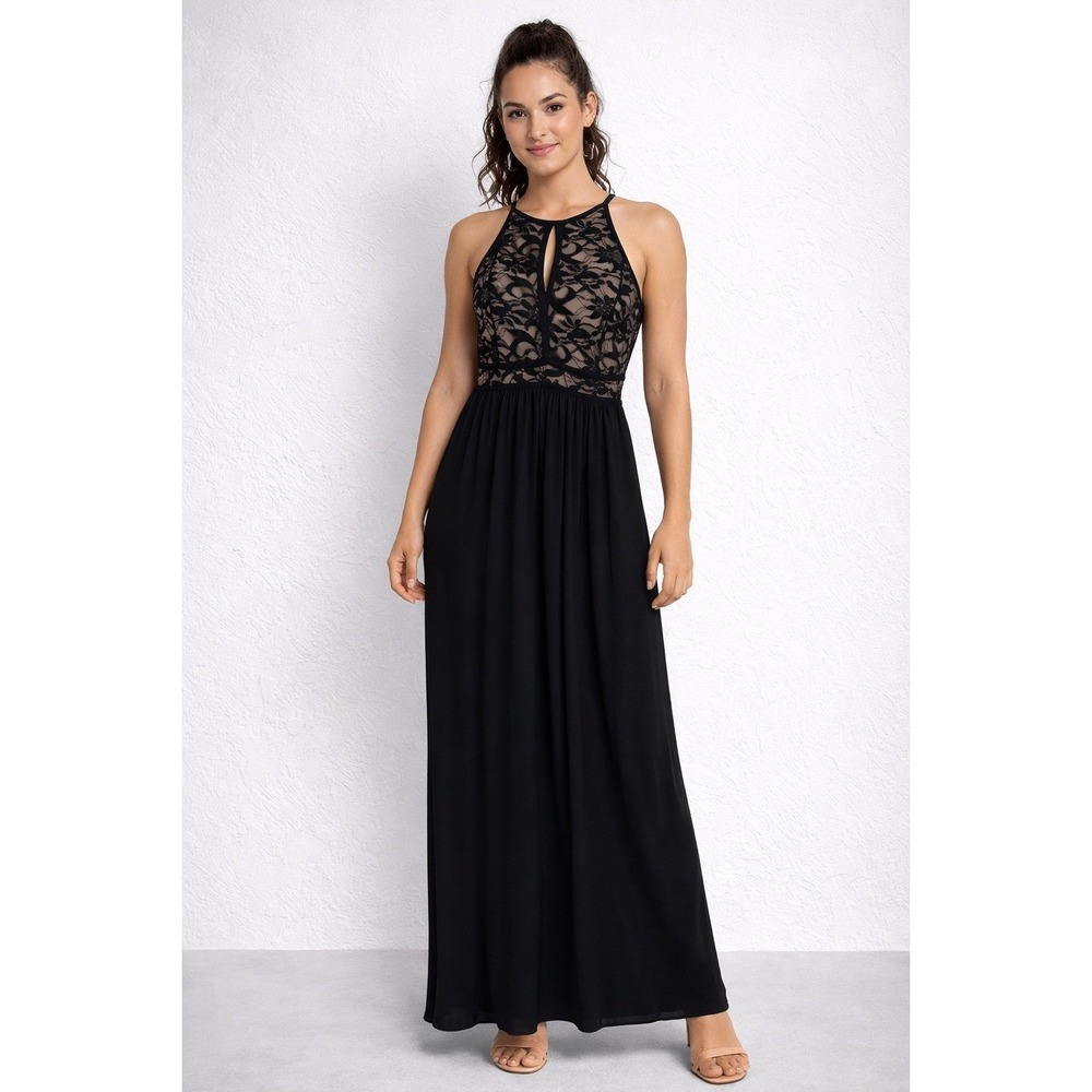 Nightway Black Lace Halter Neck Maxi Dress Women's Size 14 Keyhole Cutout